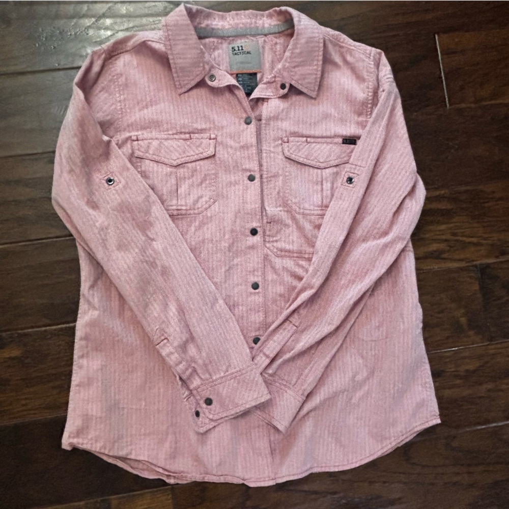 5.11 Tactical Men’s button up snap dress shirt, red stripe pattern | Large